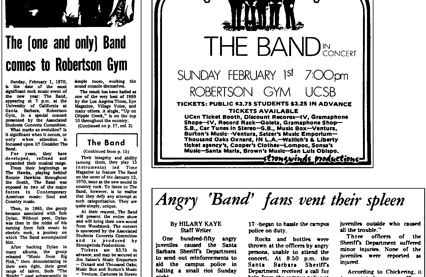 Images and coverage around The Band at UCSB in 1970.