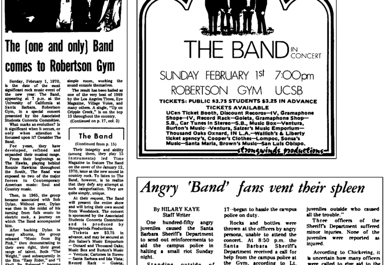 Images and coverage around The Band at UCSB in 1970.